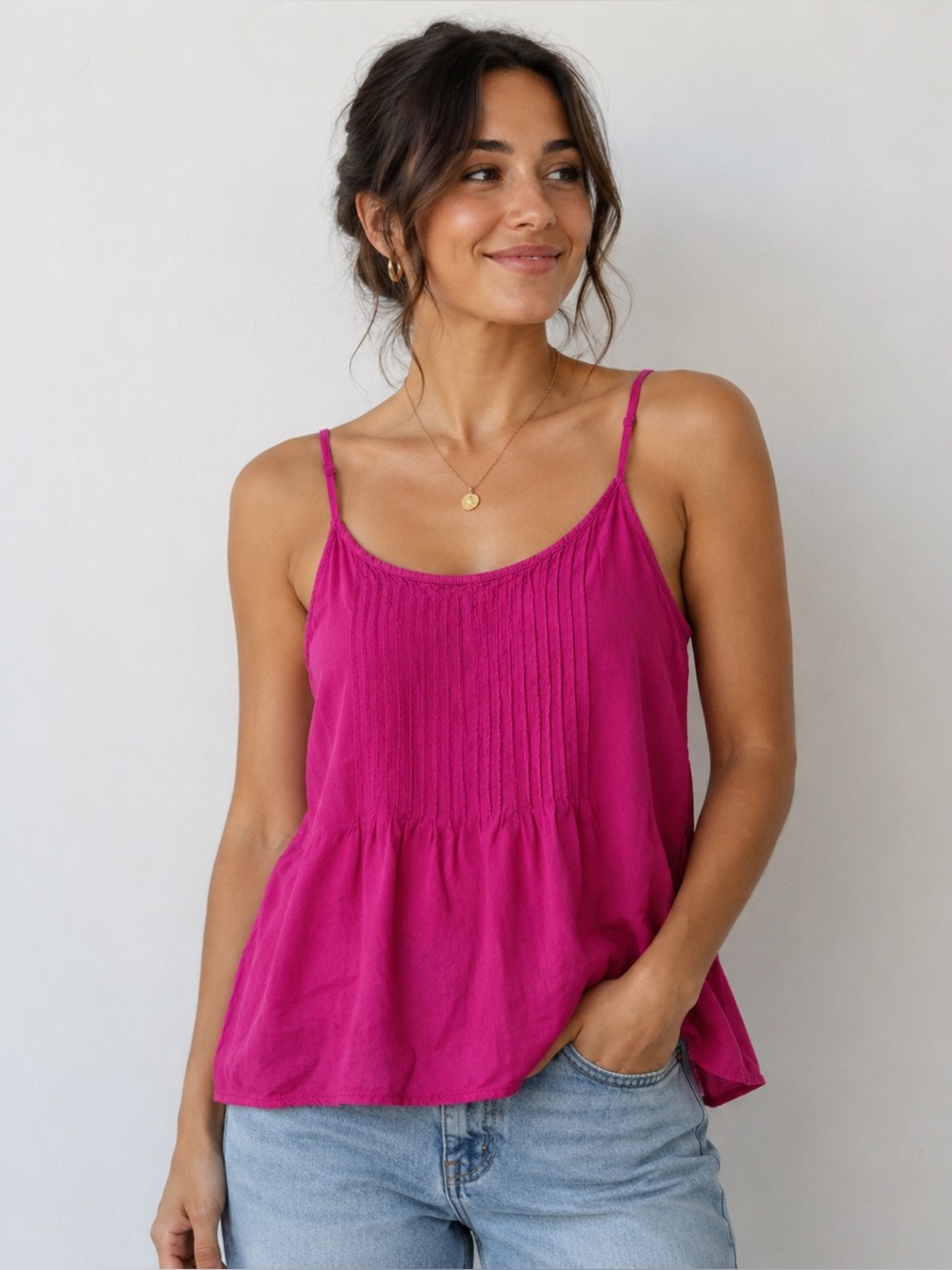 Old Navy Magenta Pink Pintuck Pleated Cami Top S Peasant Y2K Fuchsia